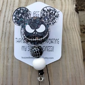 Jack Skellington Mickey mouse head name badge reel ID holder with beads